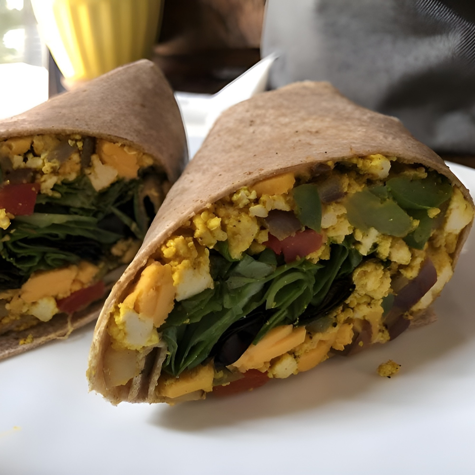 Two halves of a healthy wrap filled with scrambled eggs, spinach, and vegetables on a white plate.