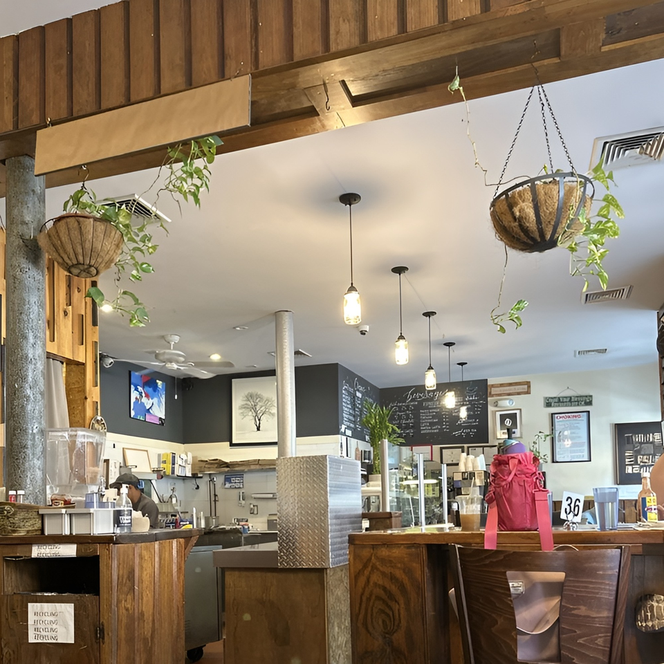 Interior of Meme's Healthy Nibbles, featuring a wooden beam, hanging plants, and a counter area.